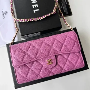 Chanel Classic Flap Wallet on Chain Pink Caviar Leather Long Wallet