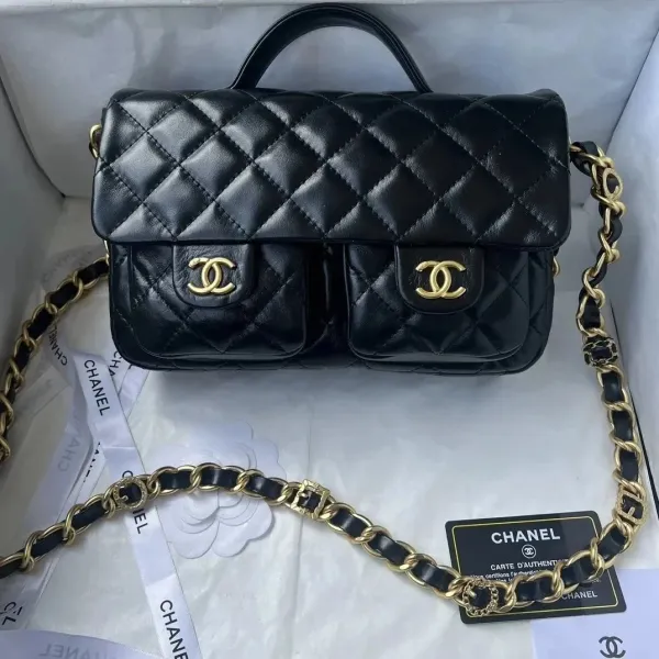Chanel 22 Bag Black Quilted Leather Chain Shoulder Bag - 1