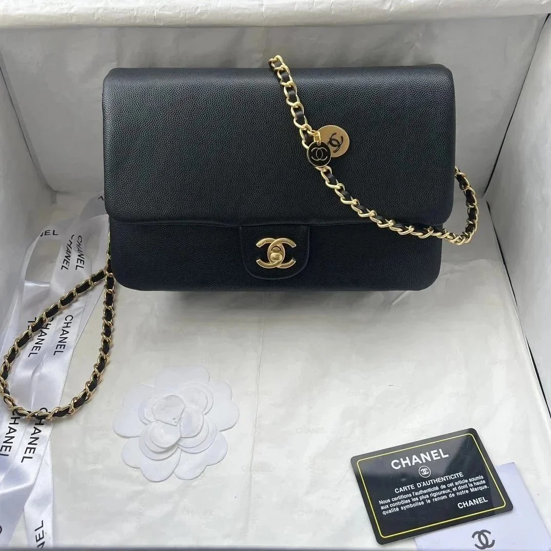 Chanel Classic Flap Bag Black Caviar Leather Gold Hardware Chain Bag - 1