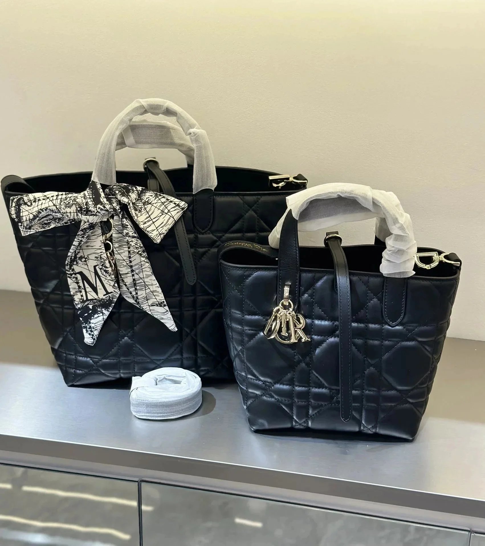 Dior Lady Dior Mini and Medium Quilted Leather Tote Bags Black