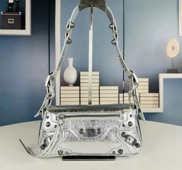Balenciaga Hourglass Mini Silver Metallic Leather Shoulder Bag - 1