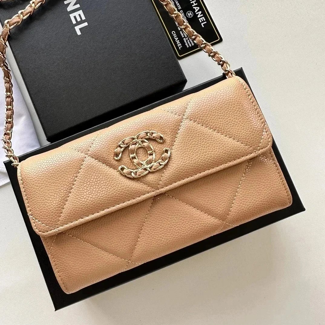 Chanel 19 Flap Wallet in Beige Caviar Leather with Gold-Tone CC Logo Chain