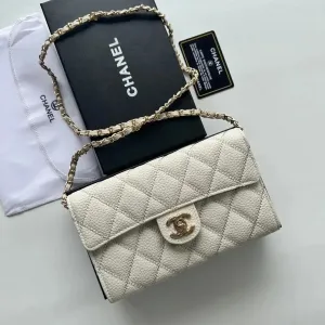 Chanel Classic Flap Bag Small Off-White Caviar Leather Chain Bag