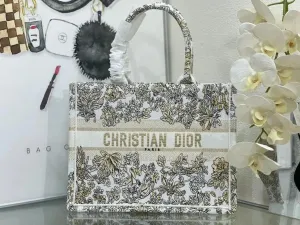Dior Book Tote Floral Print Beige and Black Canvas Handbag