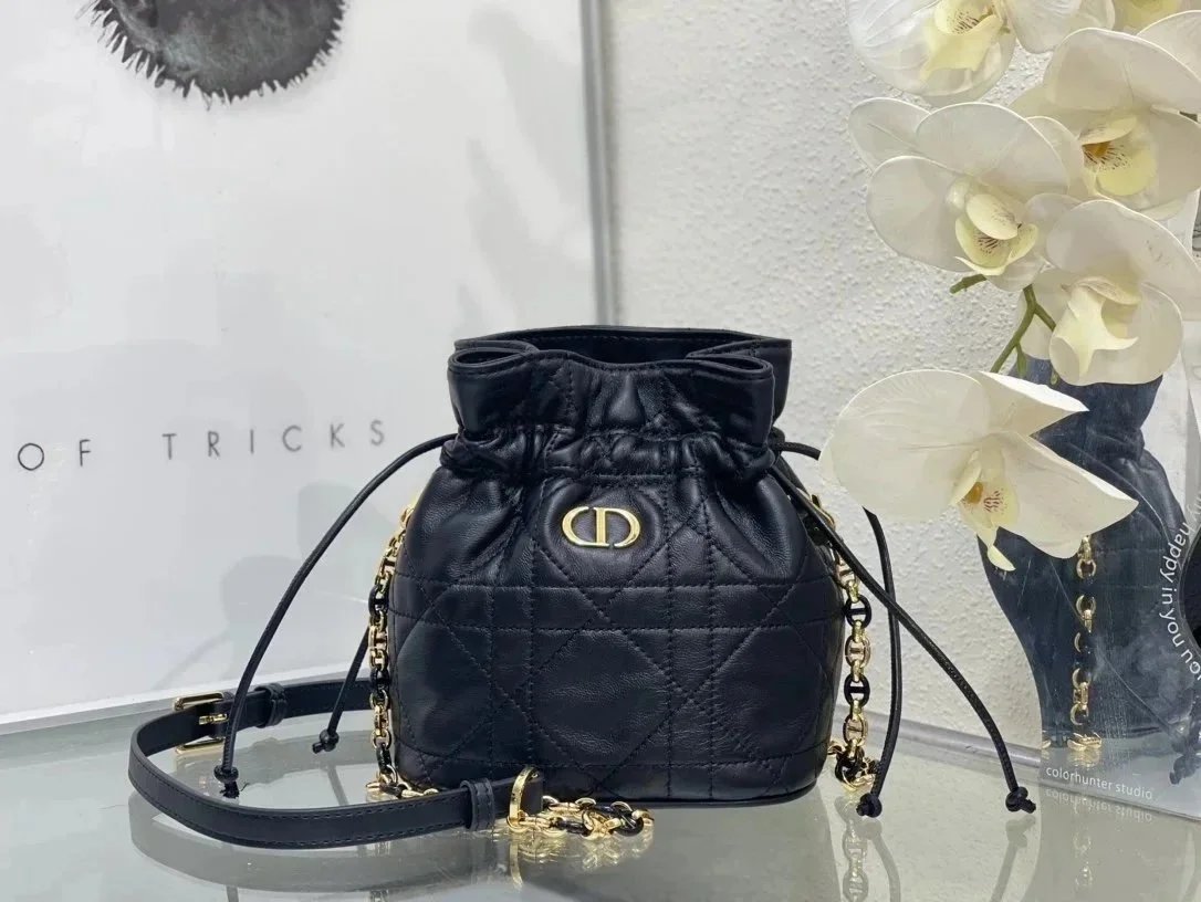 Dior Caro Bucket Bag Black Quilted Leather Shoulder Bag