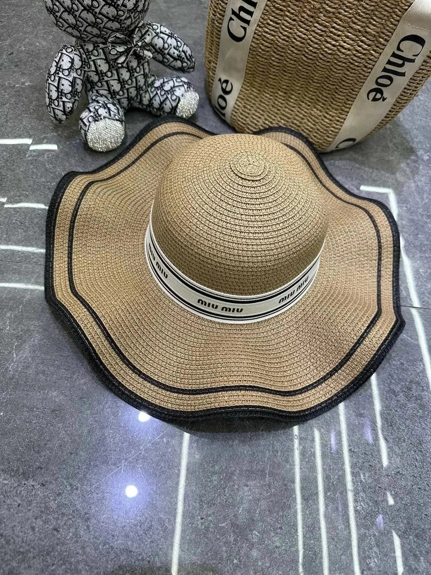 Miu Miu Logo Band Straw Boater Hat Black Pink - 8