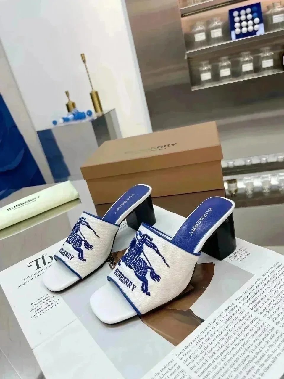 Burberry Equestrian Knight Mule White and Navy Blue Slippers