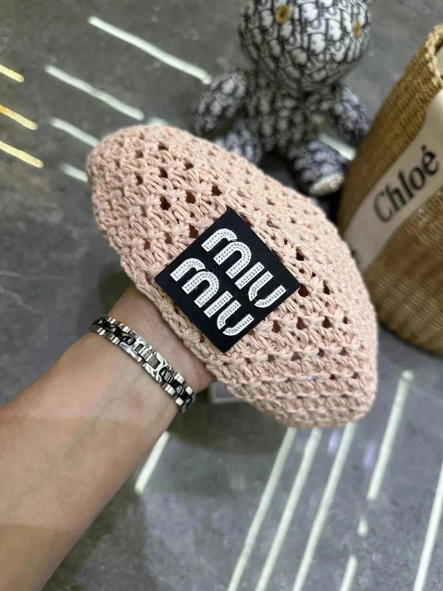 Miu Miu Logo Band Straw Boater Hat Black Pink - 9