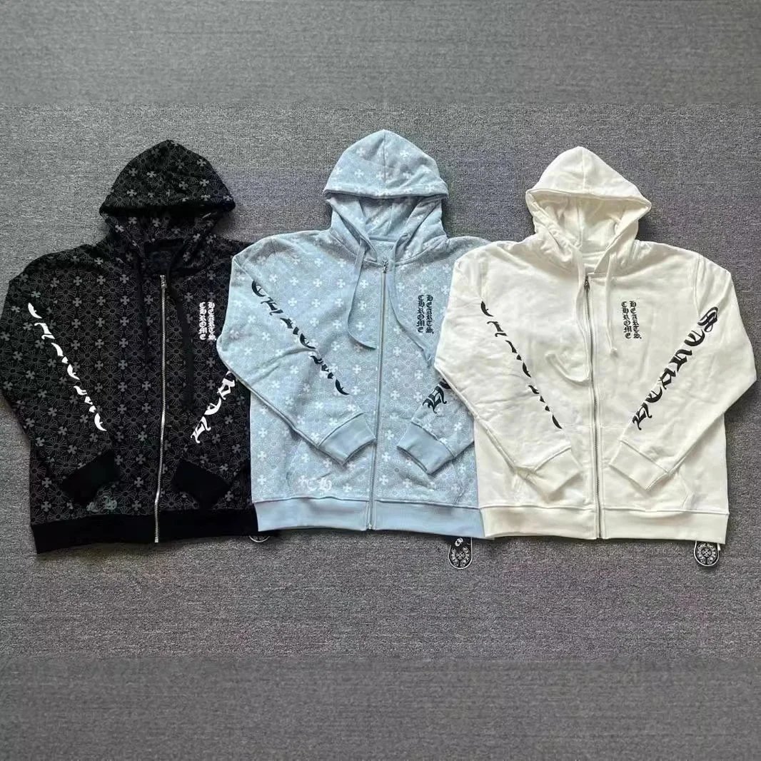 CH fall and winter models tide horseshoe dark pattern logo zipper sweater men's casual hooded cardigan