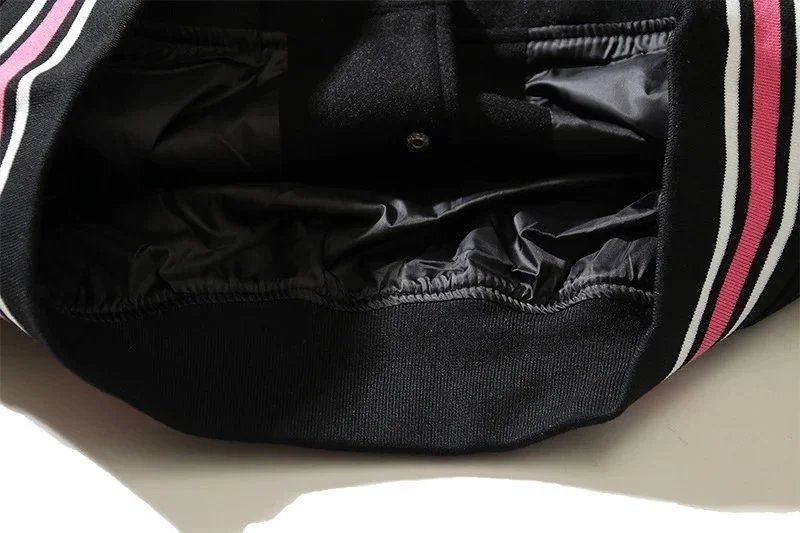 Design Varsity Jacket Black with Pink and White Trim Outerwear Jacket - 7