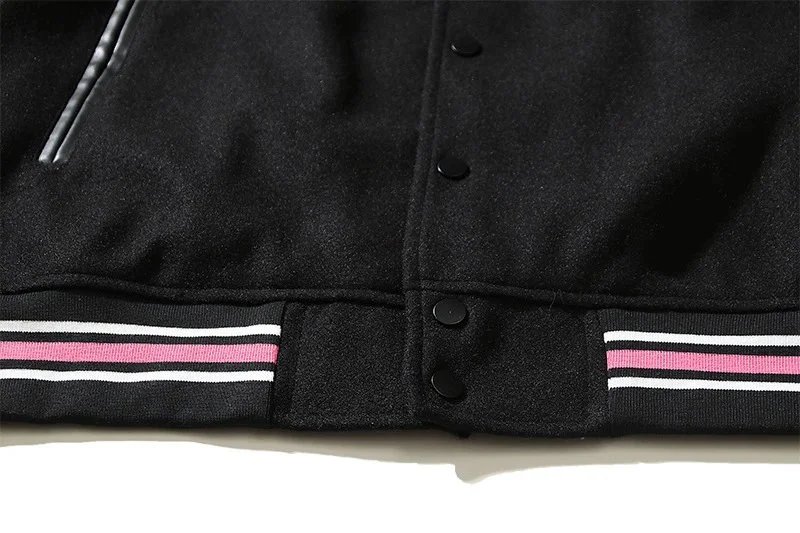 Design Varsity Jacket Black with Pink and White Trim Outerwear Jacket - 6