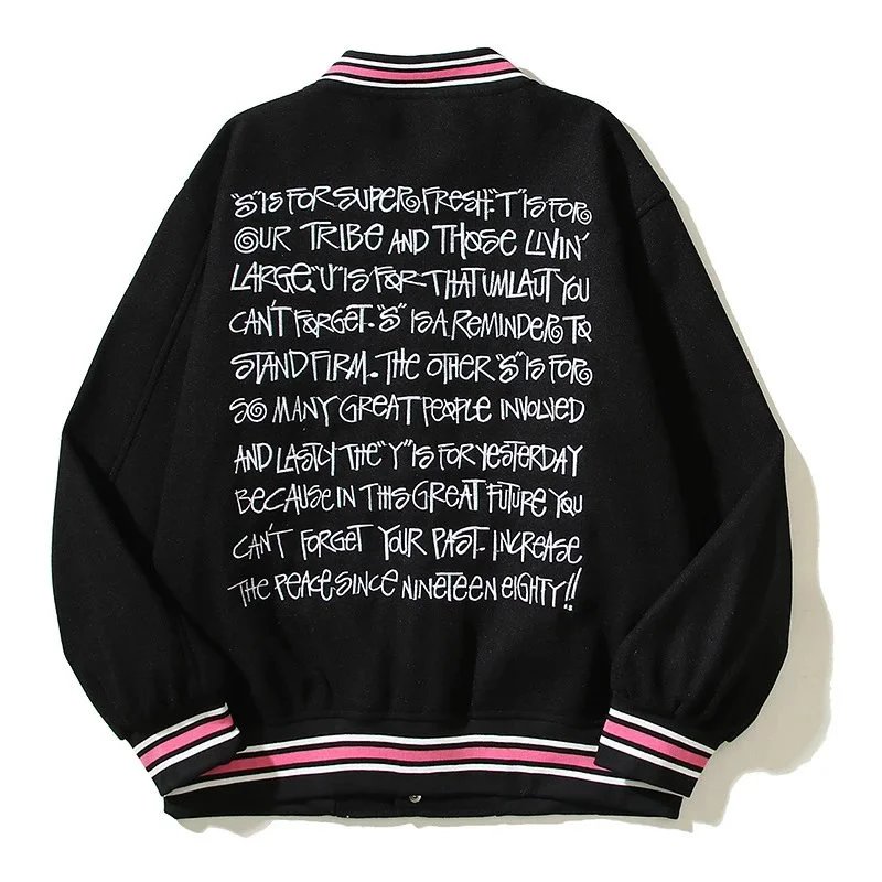 Design Varsity Jacket Black with Pink and White Trim Outerwear Jacket - 3