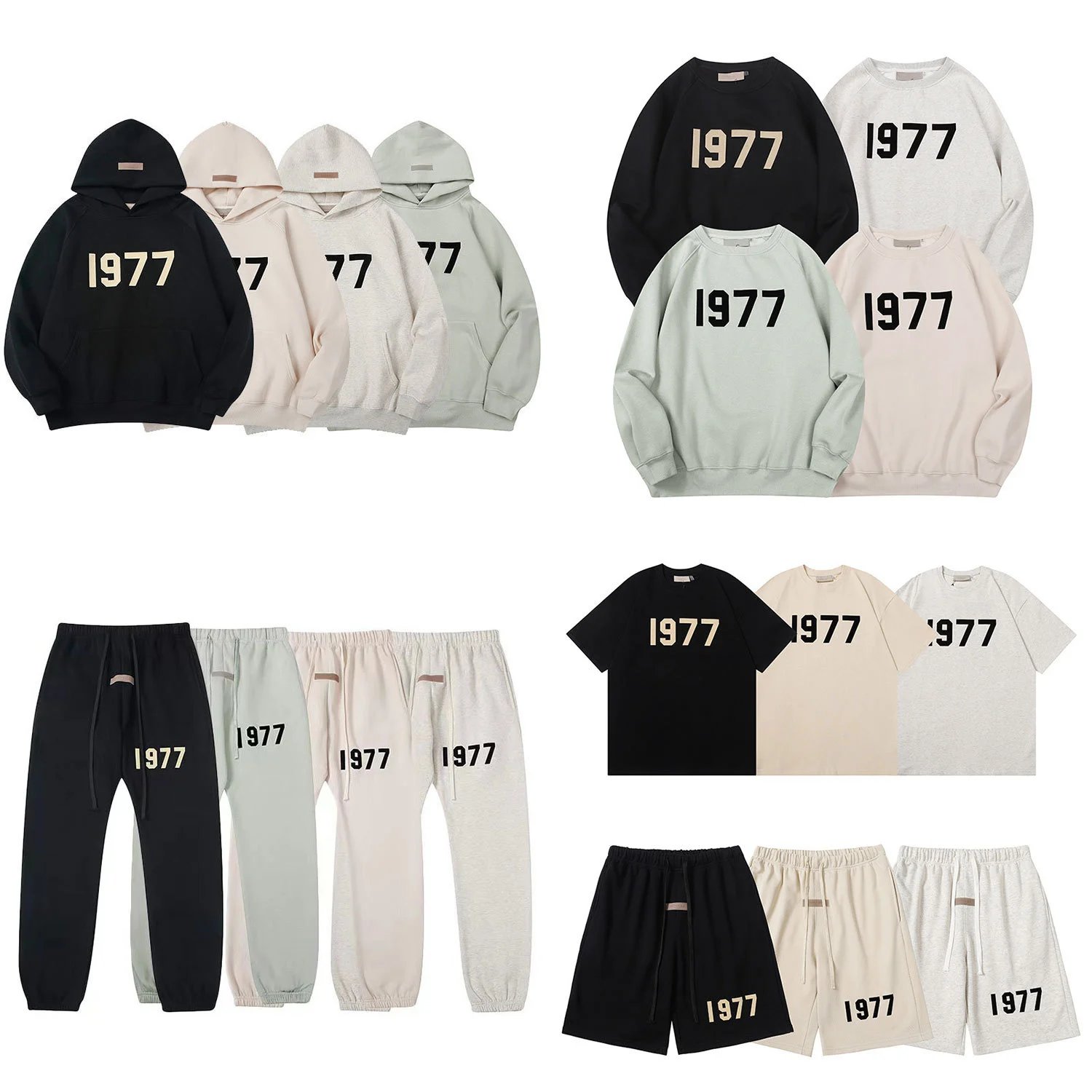 ESSENTIALS flocking print 1977 American high street hoodie, sweatshirt, trousers, casual suit for men and women