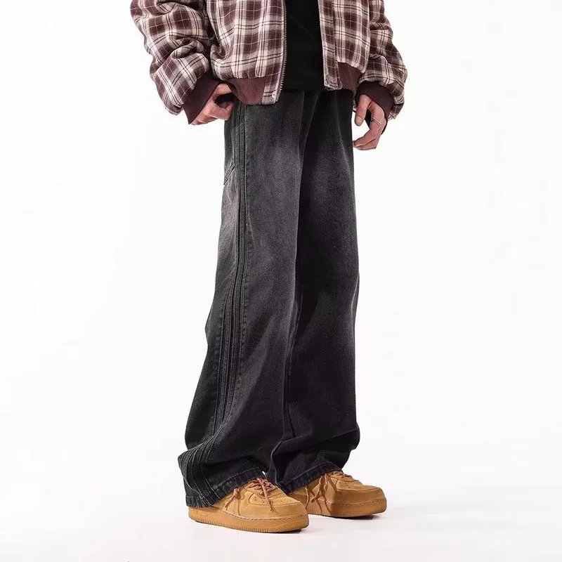 Men's American niche streetwear denim wide-leg straight casual pants with a rugged cool style