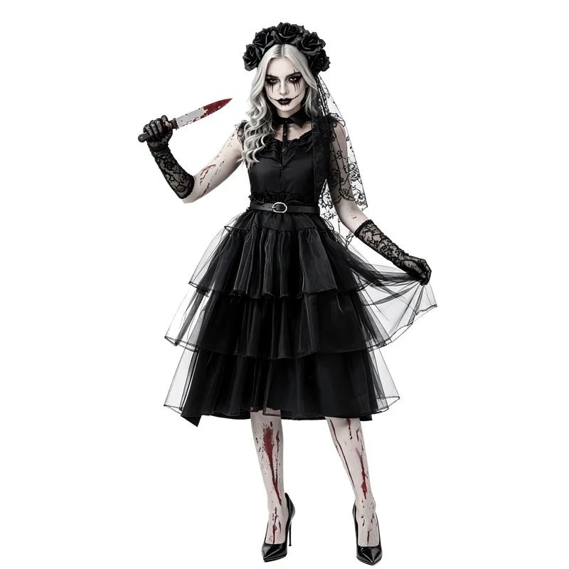 Dark Gothic Ghost Bride Cosplay Costume, Tulle Tiered Skirt, Halloween Zombie Performance Outfit