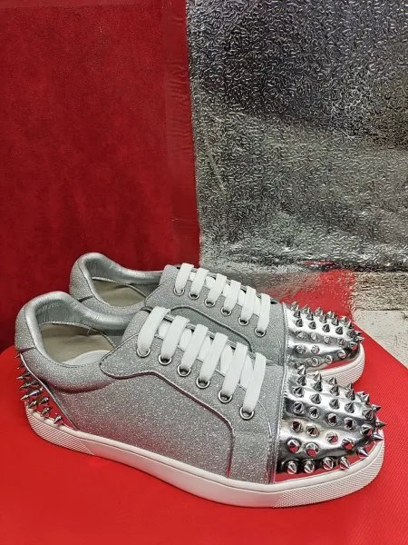 Christian Louboutin Louis Junior Spikes Silver Glitter Sneakers - 1