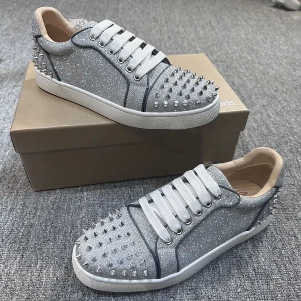 Christian Louboutin Louis Junior Spikes Silver Glitter Sneakers - 1