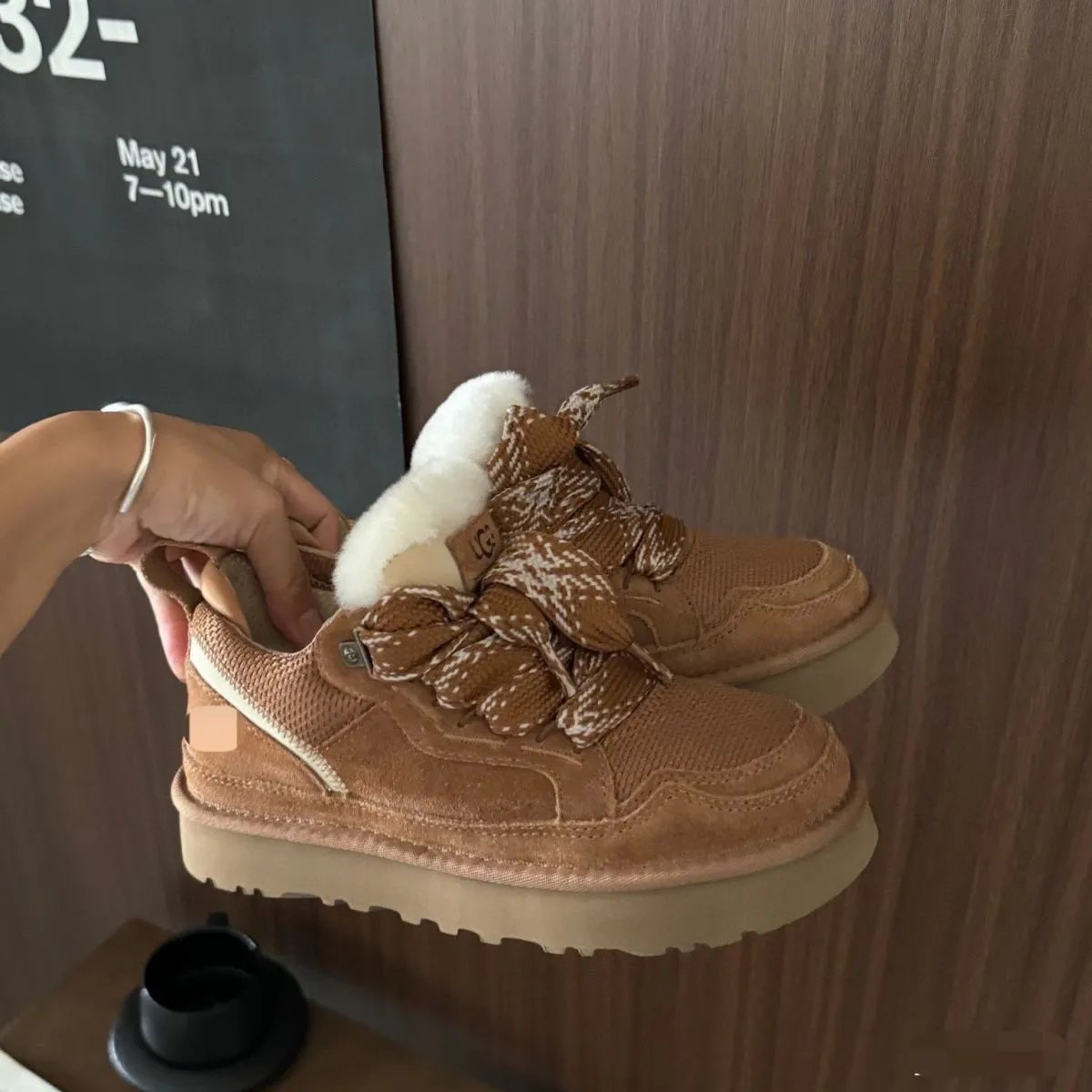 UGG Neumel High Knit Lace-Up Beige Snow Boots - 6