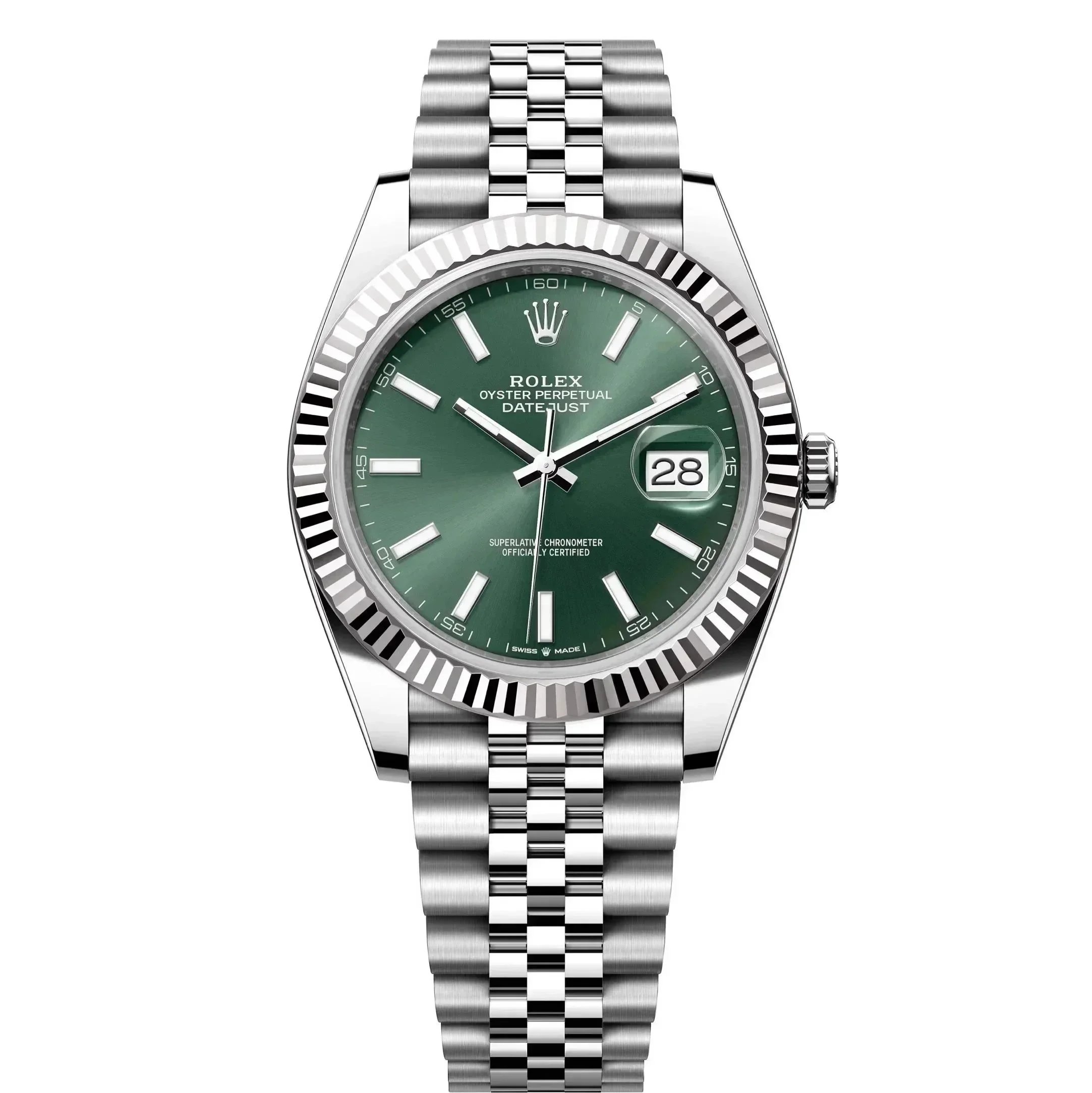 Rolex Datejust and Submariner — Steel band with green dial (bar and dot hour markers)