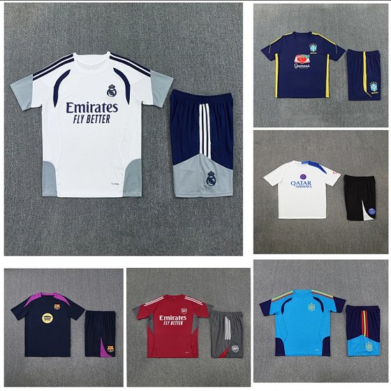 Wholesale 2627 Real Madrid, Brazil Arsenal, Paris Saint Germain, Spain Barcelona Adult Football Training Clothes Short Sleeve Set