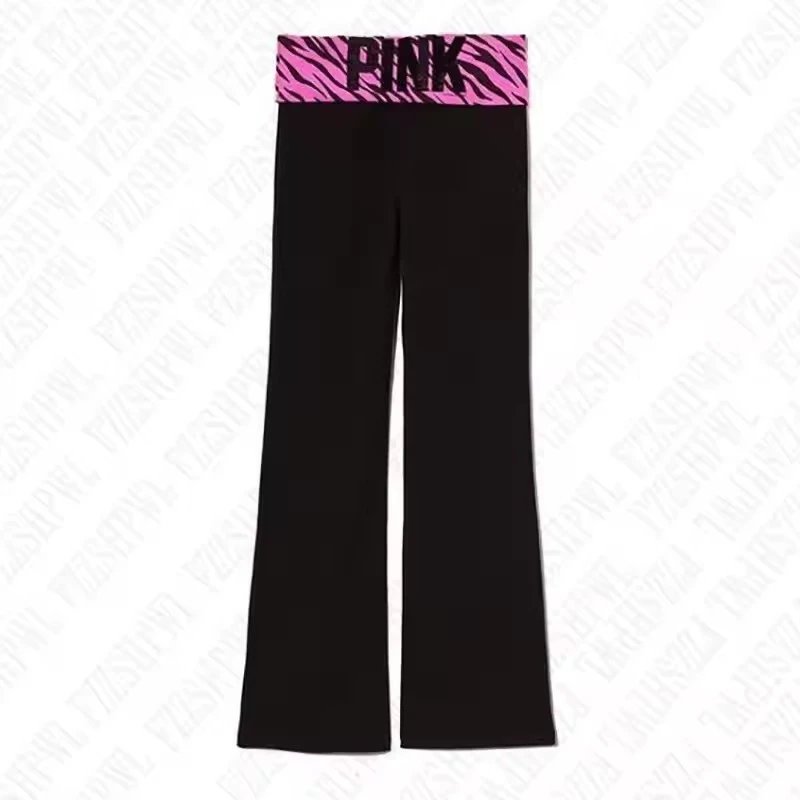 PINK Black Flare Leggings with Patterned Waistband