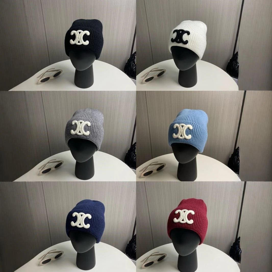 Celine Ribbed Knit Beanie with Triomphe Logo Embroidery