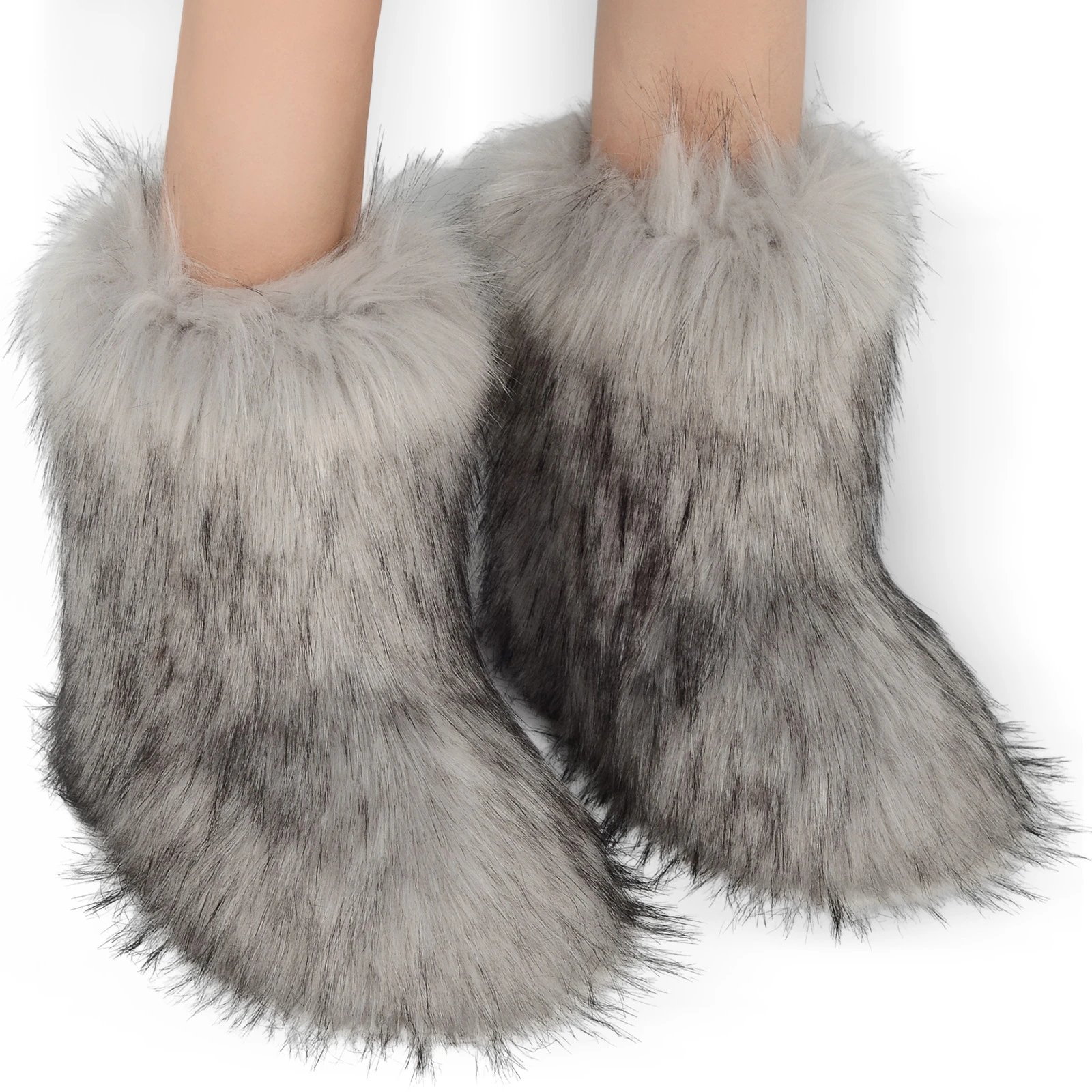 Women's Fluffy Long Pile Faux Fur Ankle Boots Winter Slip-Ons