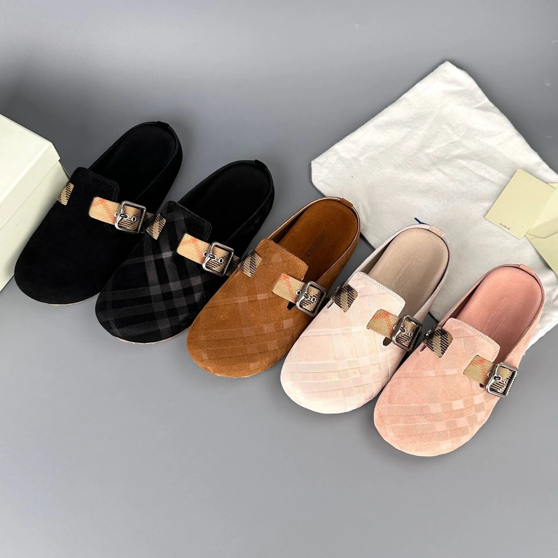 Plaid Buckle Strap Suede Slip-on Clog Mules