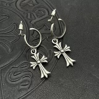 Silver Tone Gothic Cross and Dagger Charm Hoop Earrings Set