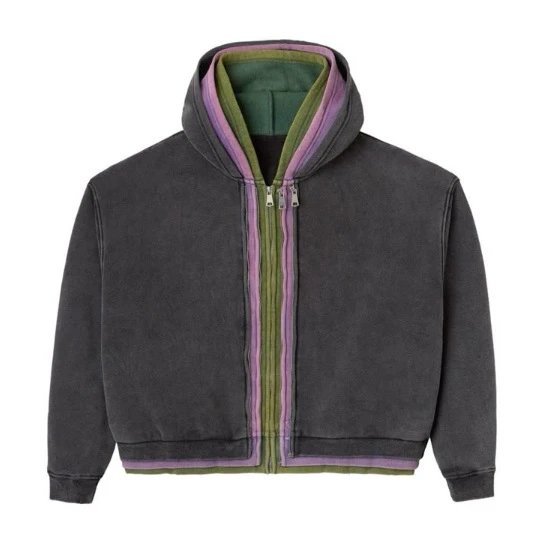Vintage Wash Zip-Up Hoodie With Contrasting Layered Trim