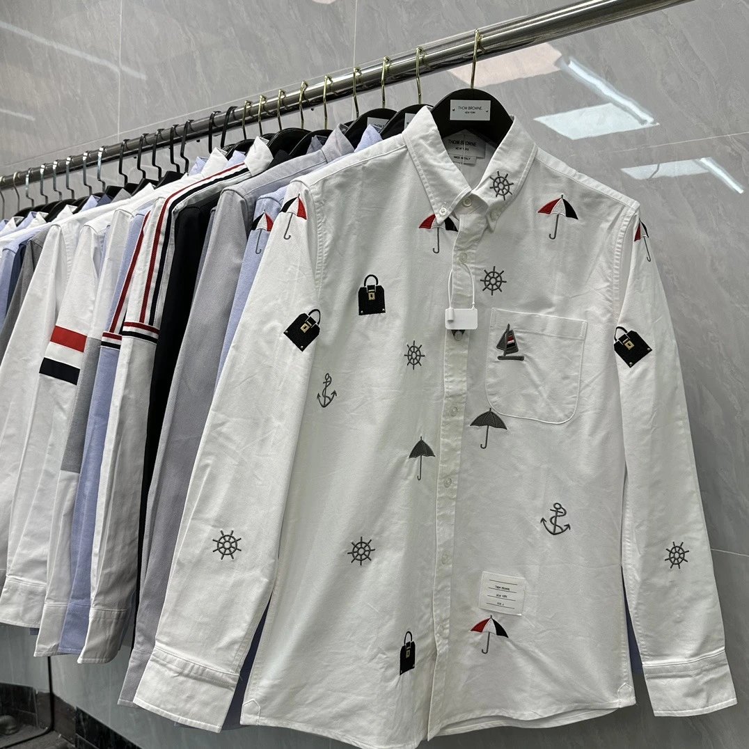 Thom Browne White Long Sleeve Button-Down Shirt with Nautical Embroidery