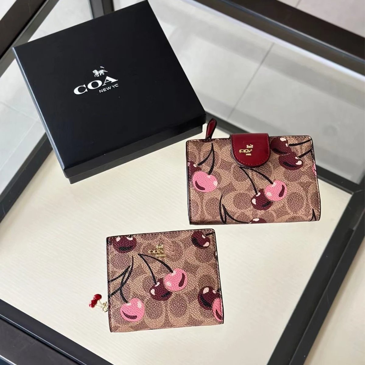 Coach Signature Canvas Cherry Print Compact Wallet