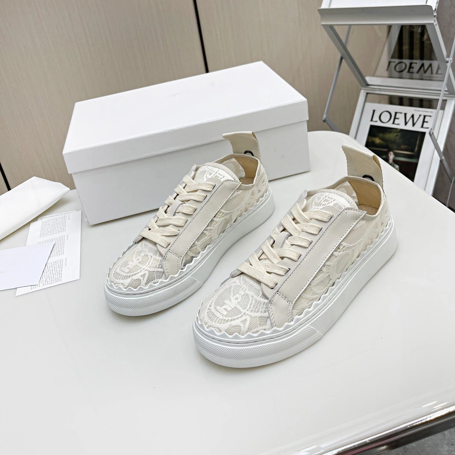 Women's Platform Sneaker with Floral Lace Overlay and Scalloped Edge