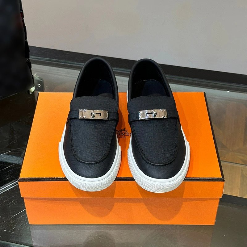Herm&egrave;s Leather Slip-on Sneakers with Silver H Buckle