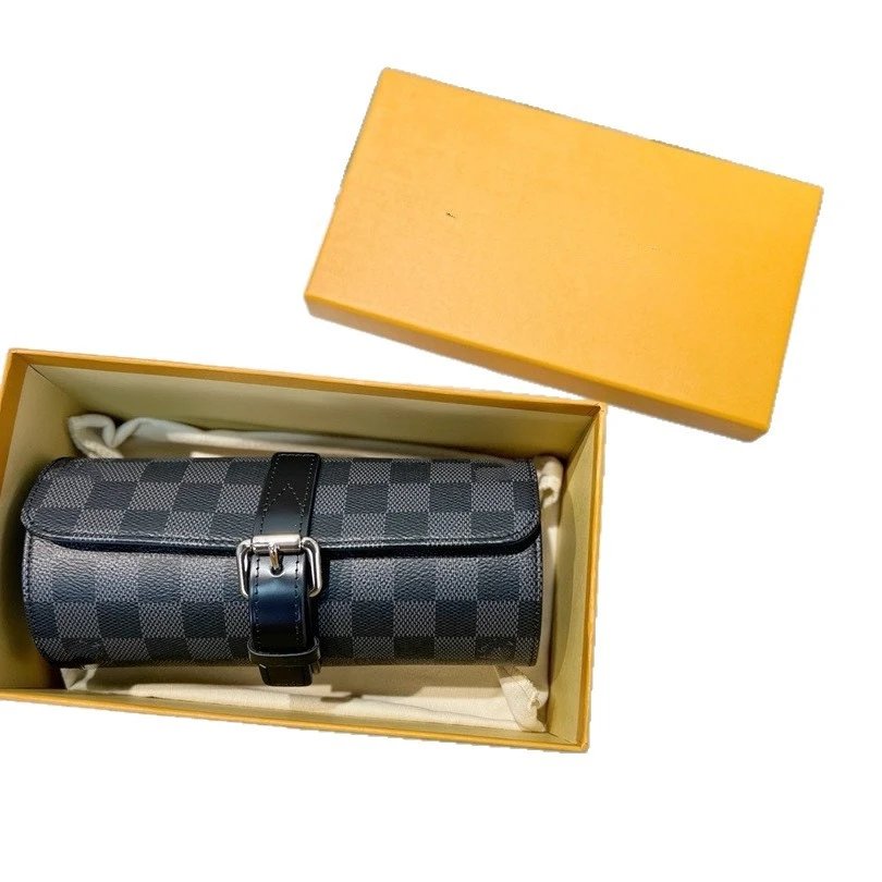Cylindrical Leather Watch Roll Travel Case with Buckle Closure