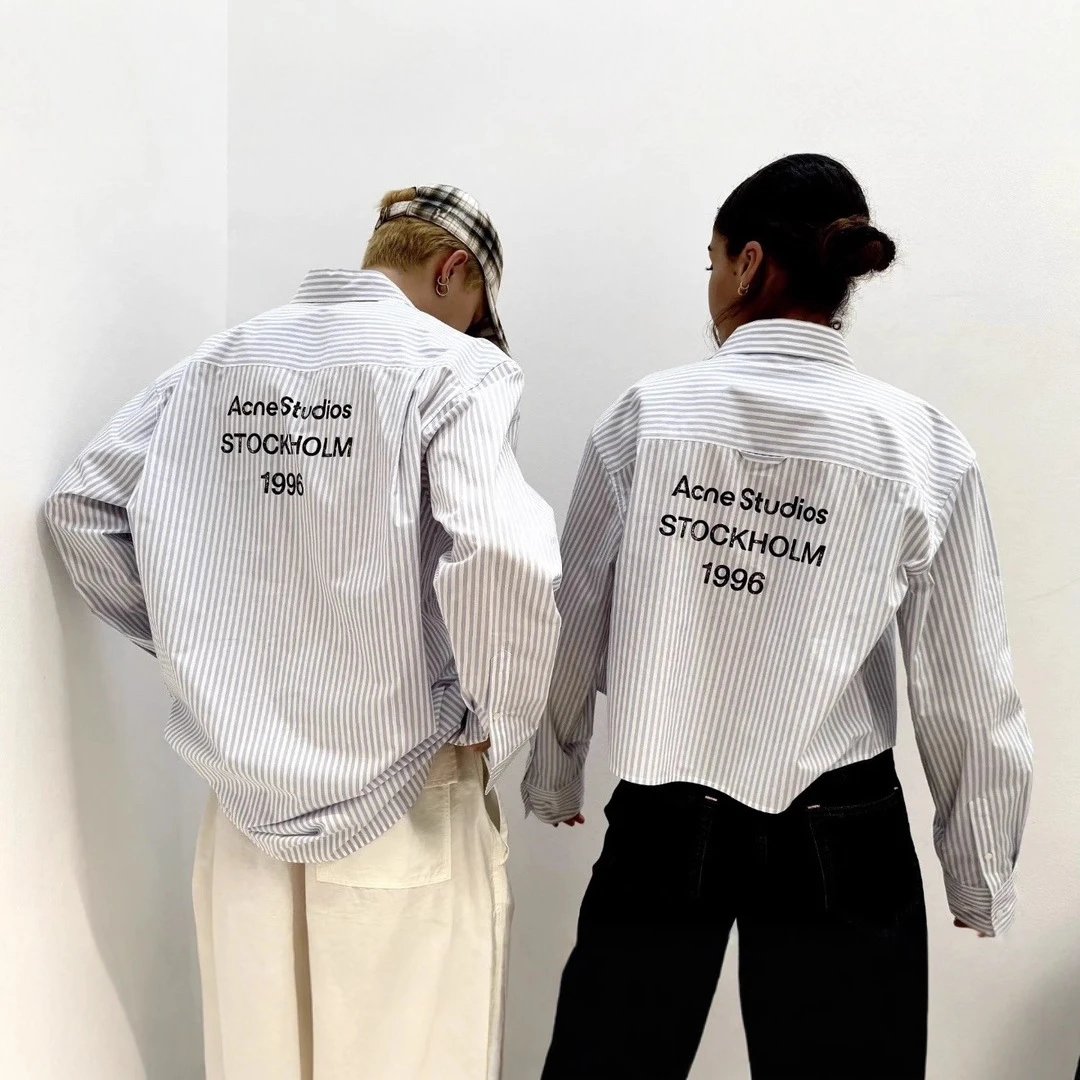 Acne Studios White and Grey Striped Long Sleeve Shirt with Back Print