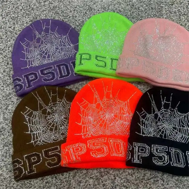 Sp5der Rhinestone Spider Web Logo Knit Beanie