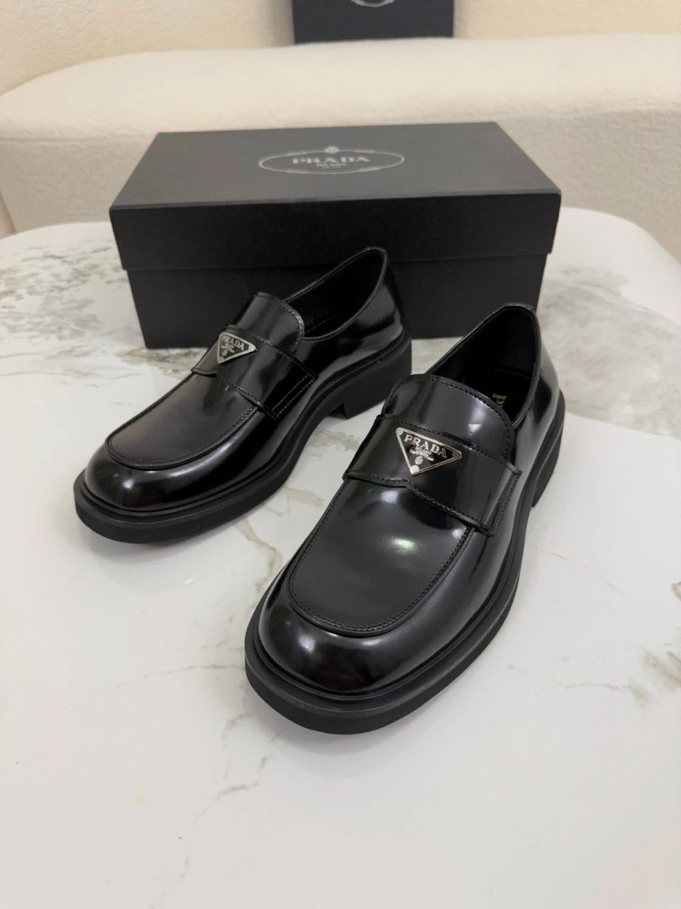 Prada Black Leather Penny Loafer with Triangle Logo