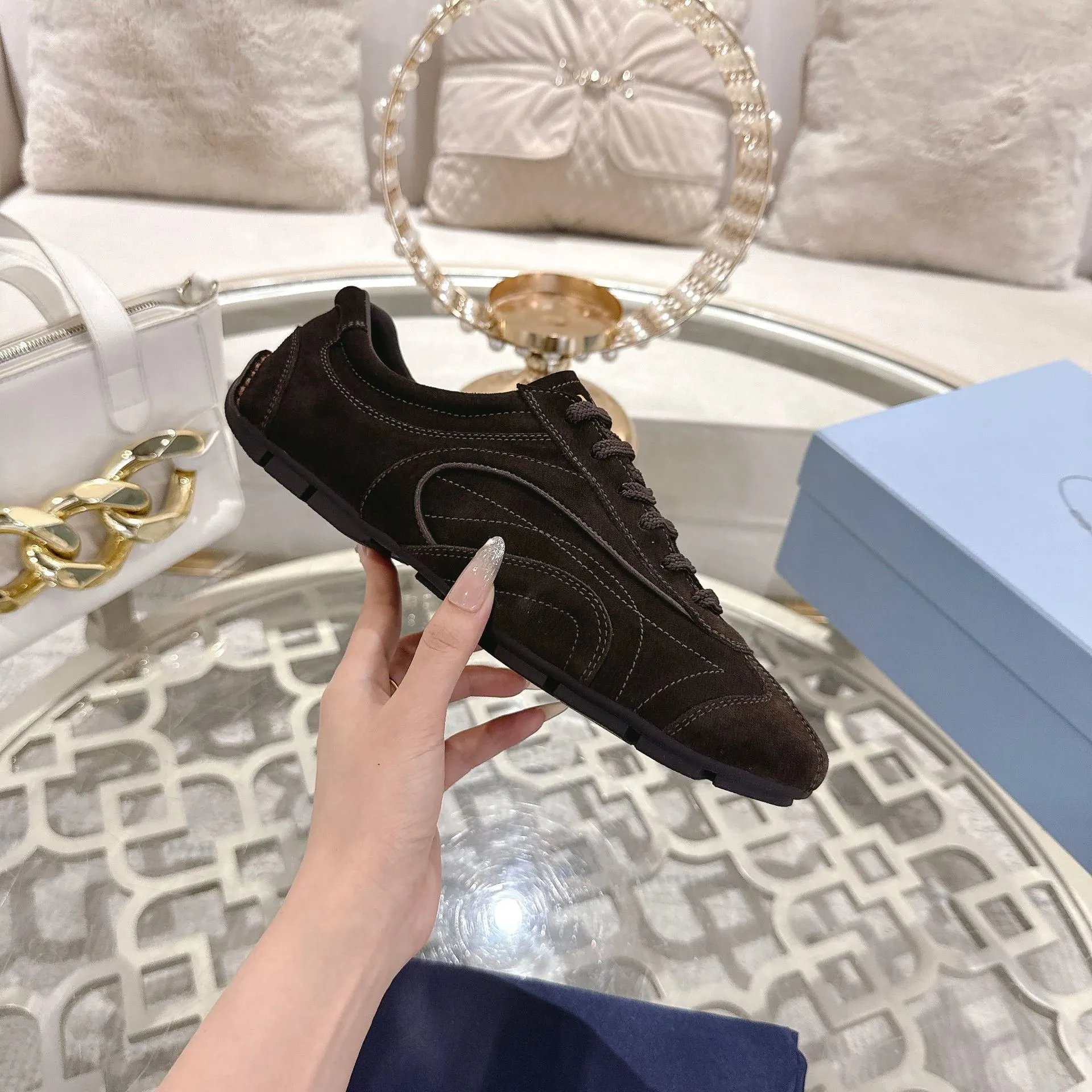 Prada Retro Runner Low-Top Sneaker in Suede and Leather