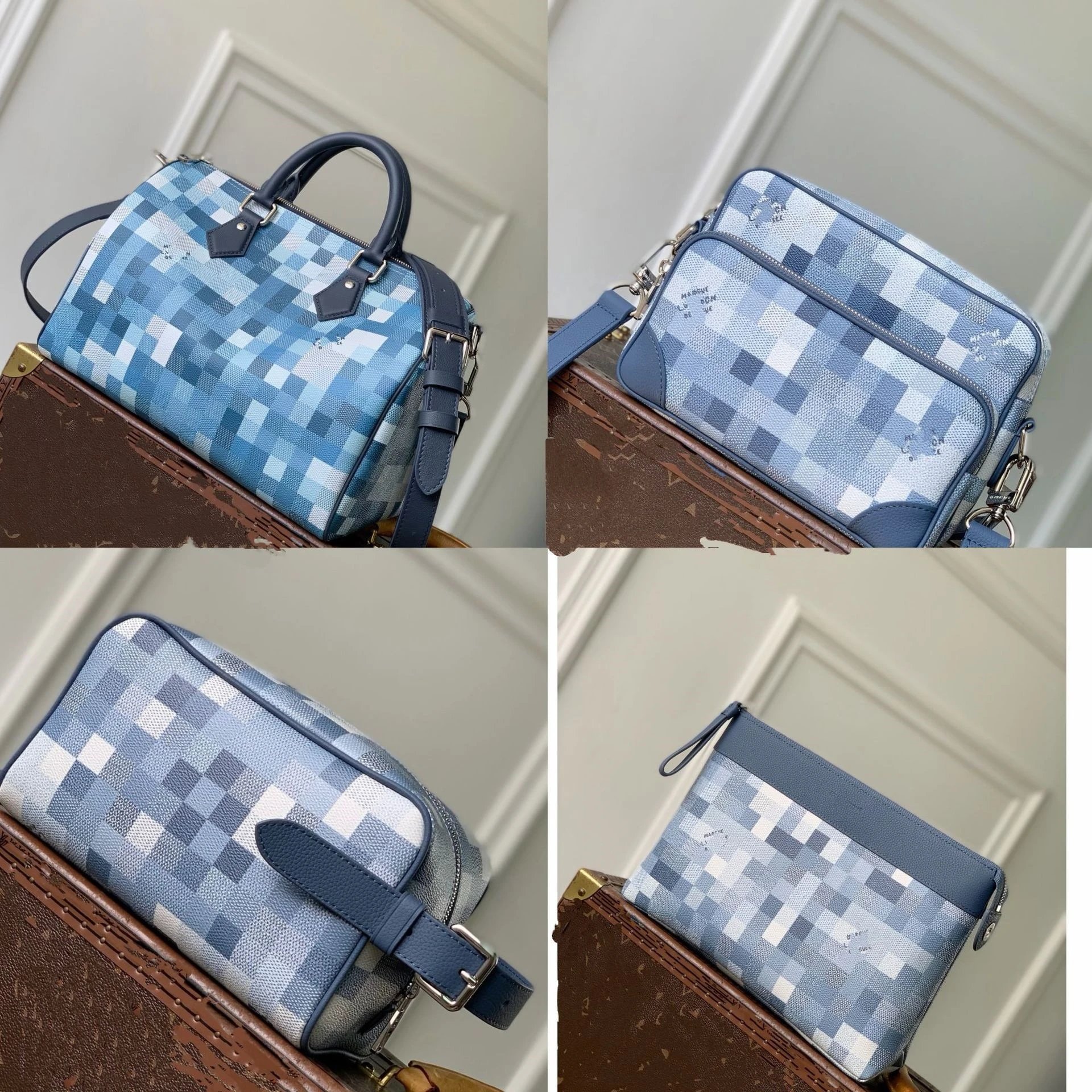 Louis Vuitton Speedy Bandouli&egrave;re 30 Blue Pixelated Checkered Canvas Satchel