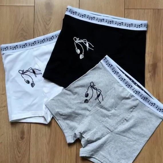 Men's Cotton Boxer Briefs with Musical Note Waistband and Earphone Embroidery