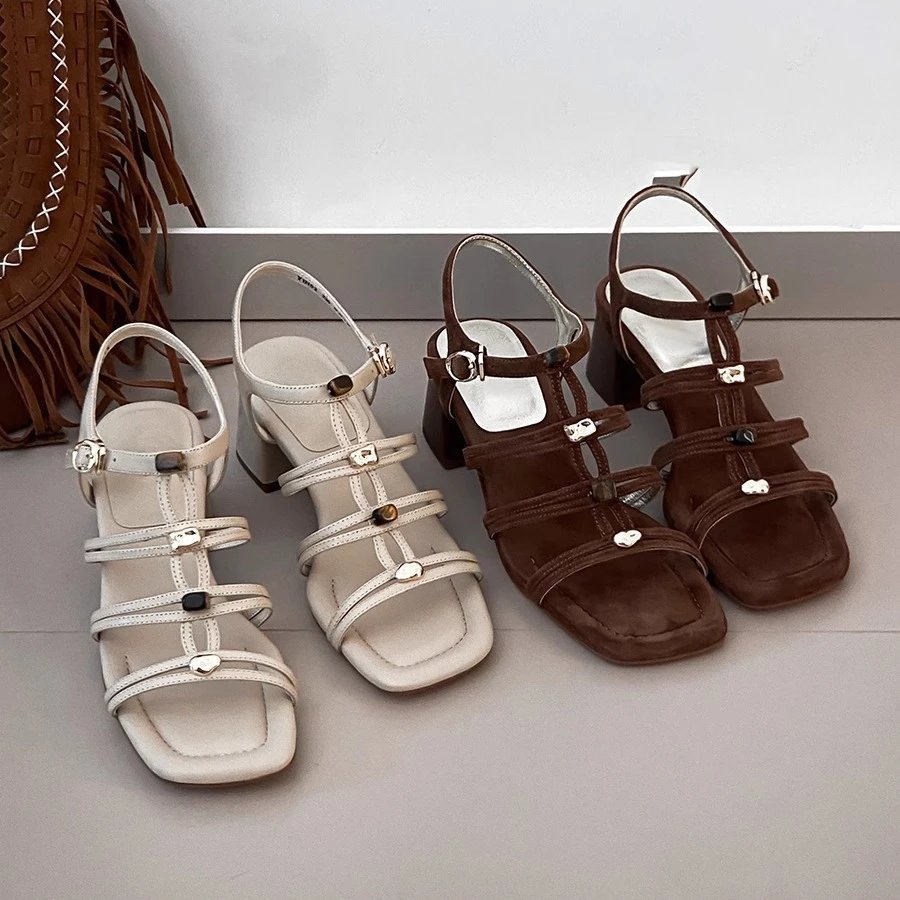 Women's Square Toe Block Heel Slingback Sandals with Heart Studs