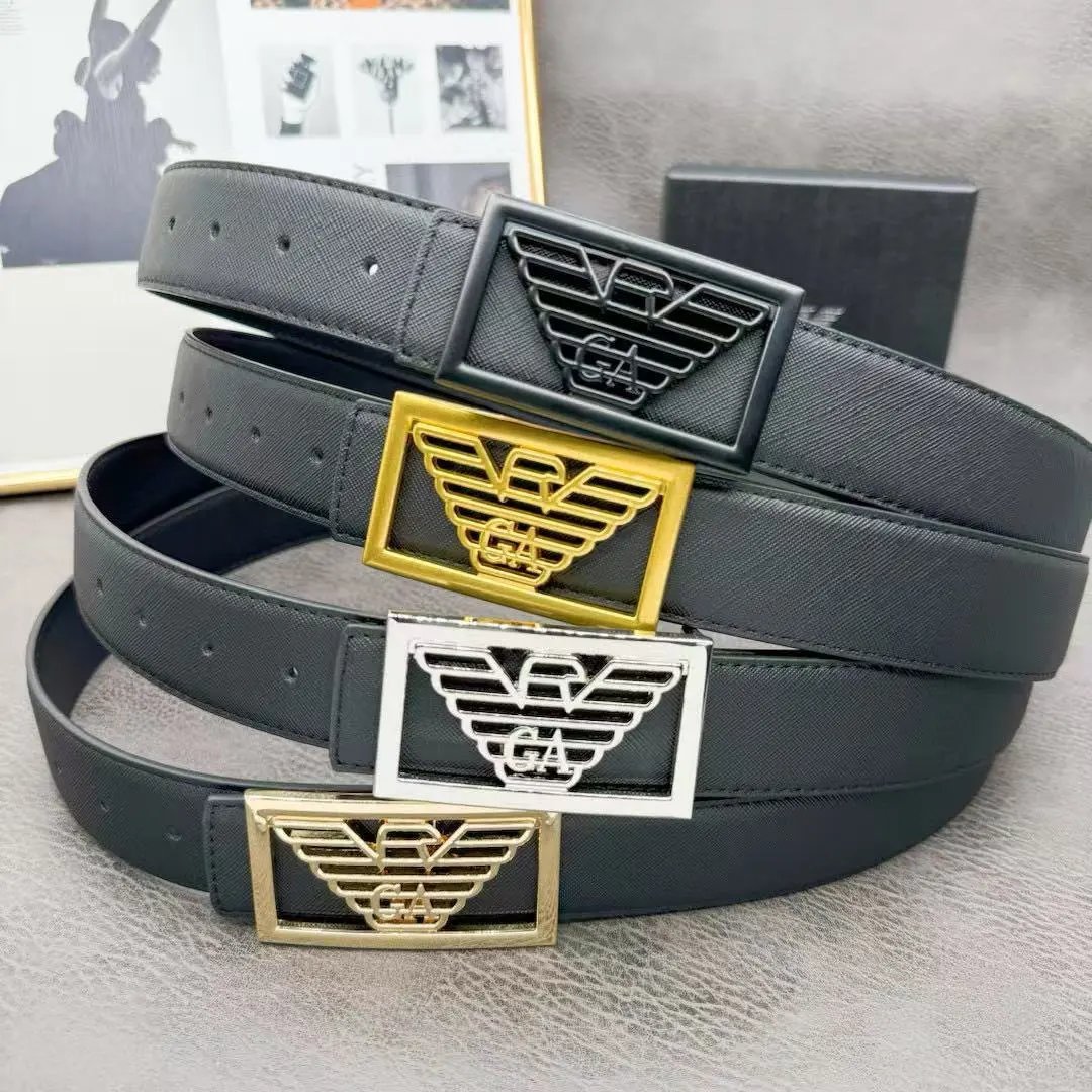 Emporio Armani Men's Black Leather Belt with Signature Eagle Logo Buckle