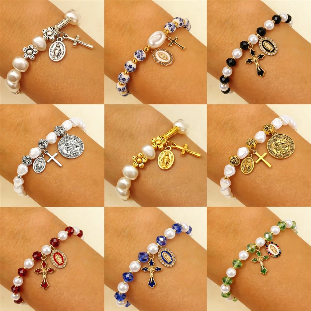 Pearl Bead Stretch Bracelet with Religious Cross and Medal Charms