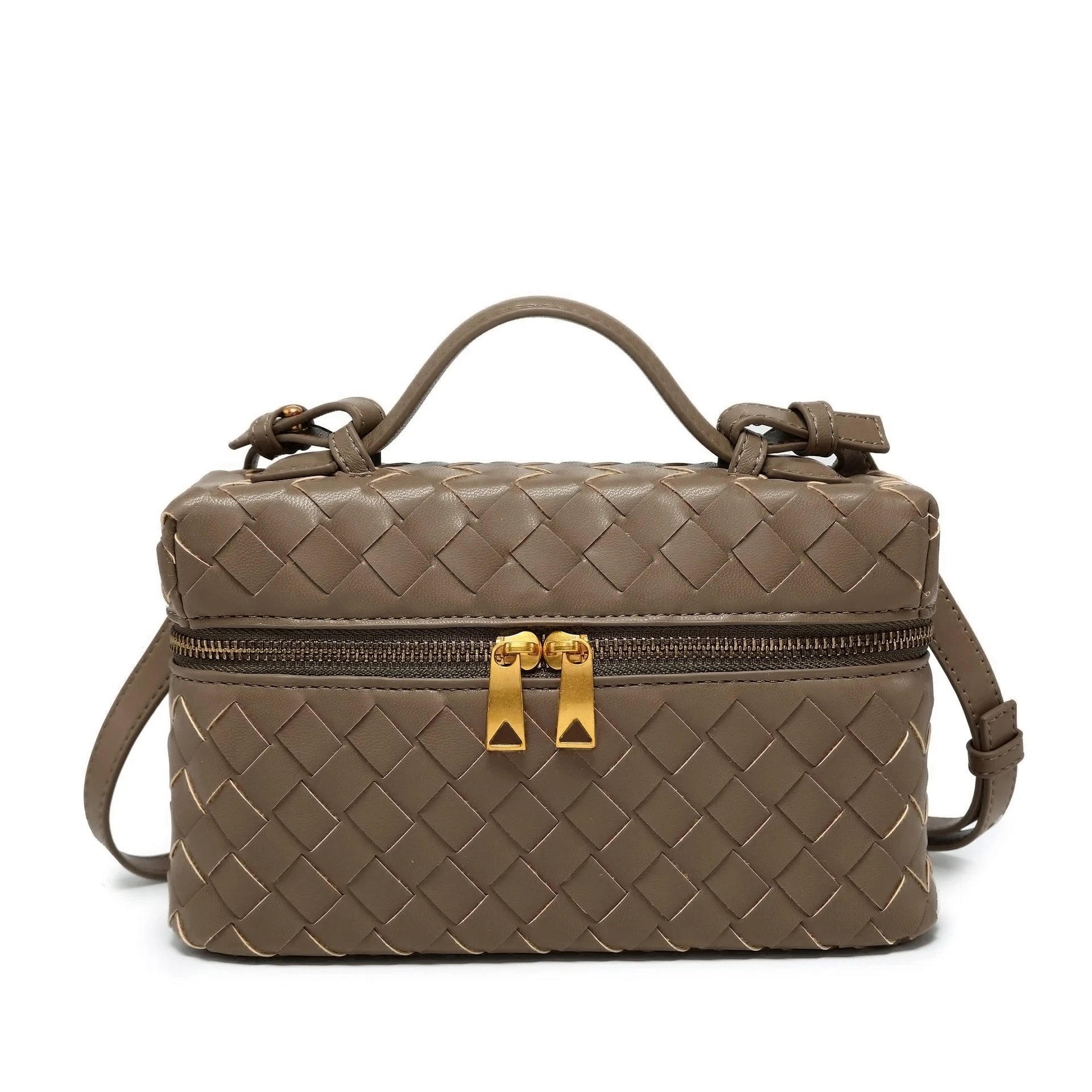 Woven Leather Box Bag with Top Handle and Crossbody Strap