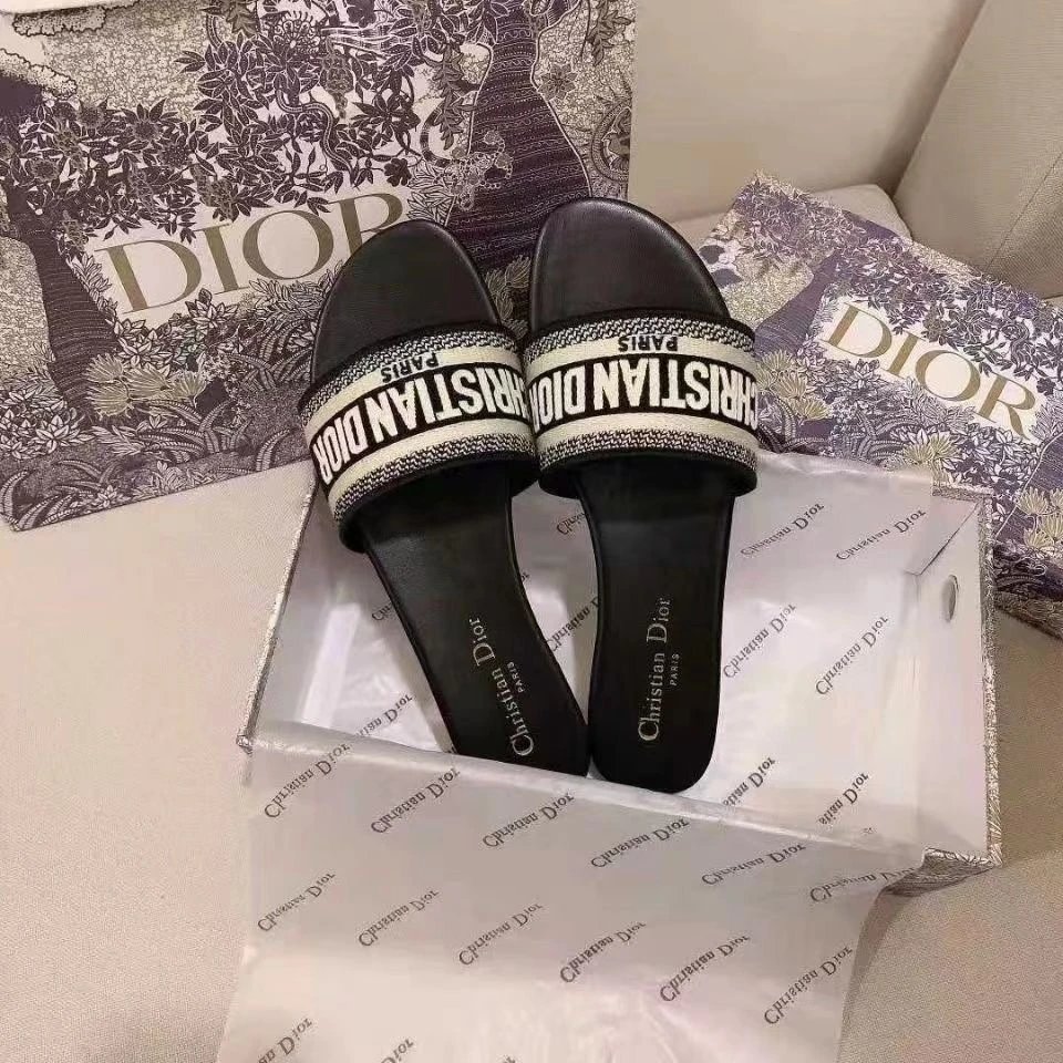Dior Embroidered Strap Slide Sandals with Toile de Jouy Insole