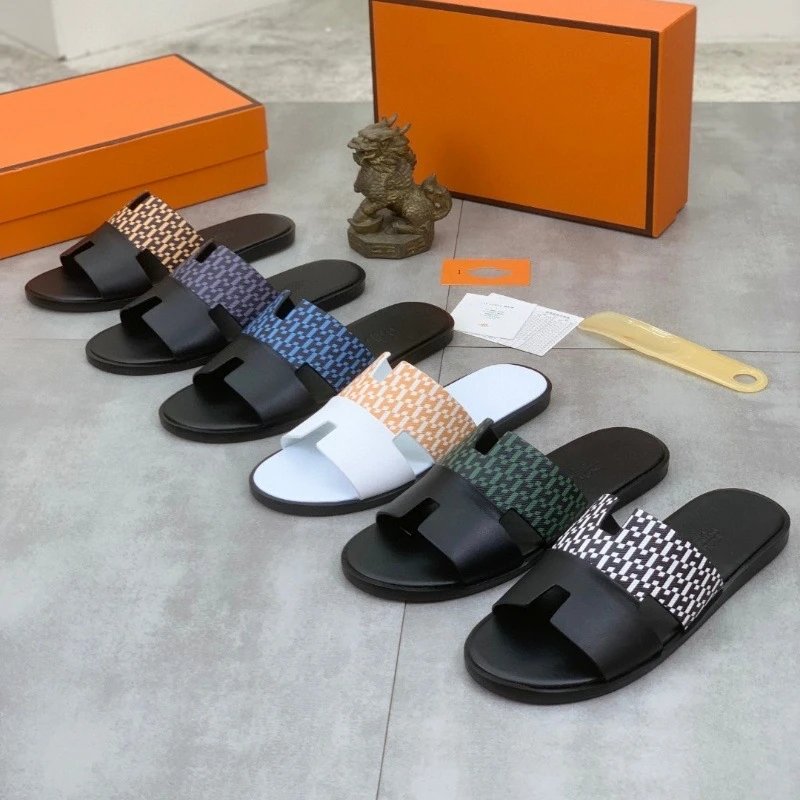 Herm&egrave;s Azone Leather Slide Sandal with Woven H Strap