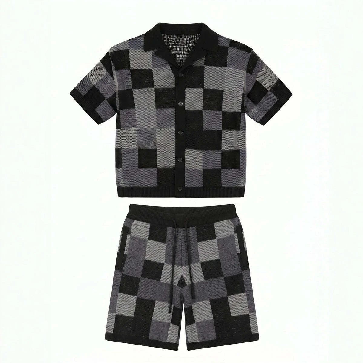 Men's Black and Grey Checkerboard Knit Short Sleeve Shirt and Shorts Set