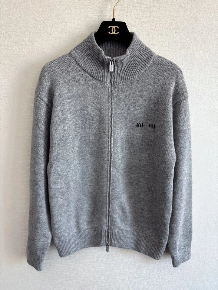 Miu Miu Grey Wool Zip-Up Sweater with Stand Collar