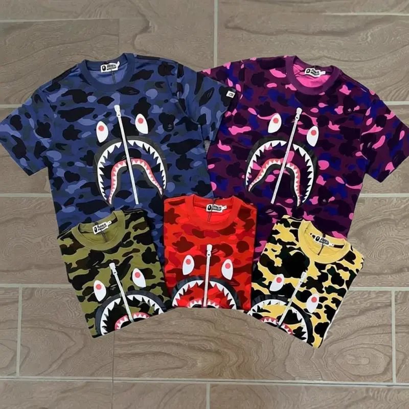 BAPE Men's Camouflage Shark Face Zipper Graphic Short Sleeve T-Shirt